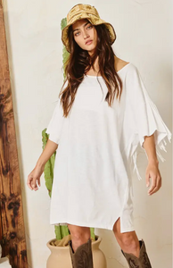 Fringe Back T-shirt Mini Dress-WHITE