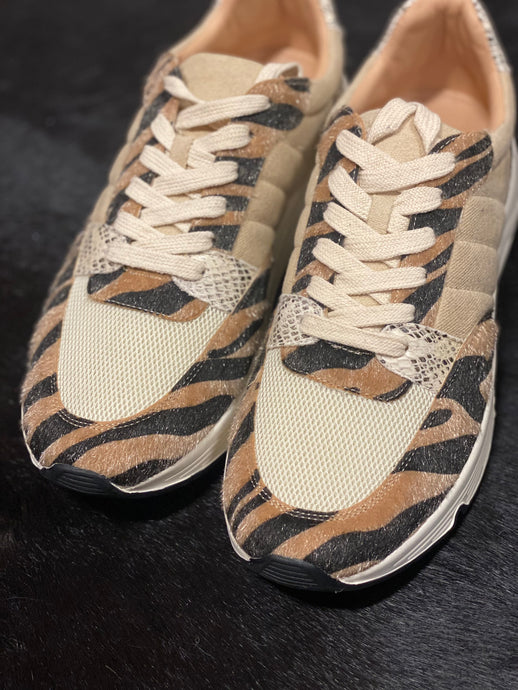 Zebra faux fur print with snake skin leather patch sneakers