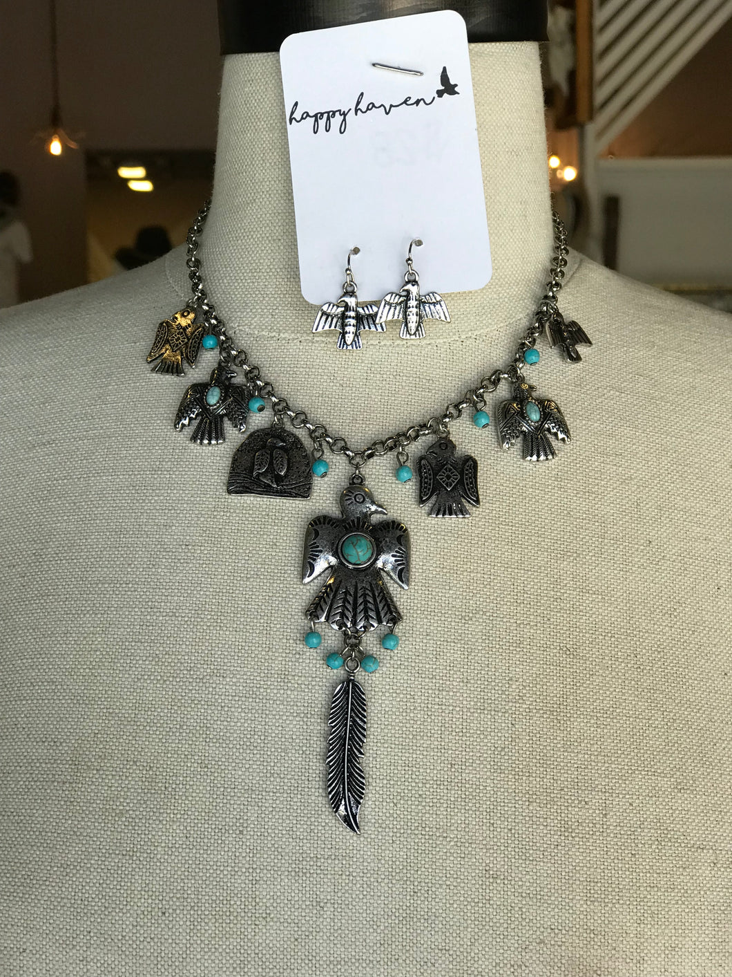 Turquoise Bird and Feather Necklace